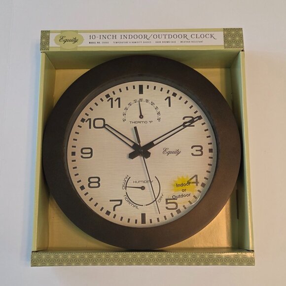 NWT Equity 10-Inch Indoor/Outdoor Wall Clock, Dark Brown, Temperature, Humidity - Picture 1 of 3
